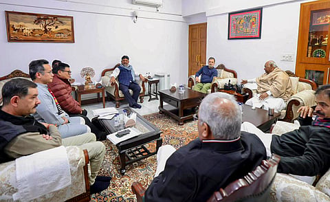 Congress President Mallikarjun Kharge and Leader of Opposition Rahul Gandhi chair the Assam State Leadership and Observers' meeting in New Delhi. Also see, Congress General Secretary (Org.) K.C. Venugopal, Assam In-charge Jitendra Singh, AICC Senior Observers D.K. Shivakumar, Bhupesh Baghel and Bandhu Tirkey, Assam PCC President Gaurav Gogoi and CLP leader Debabrata Saikia. 