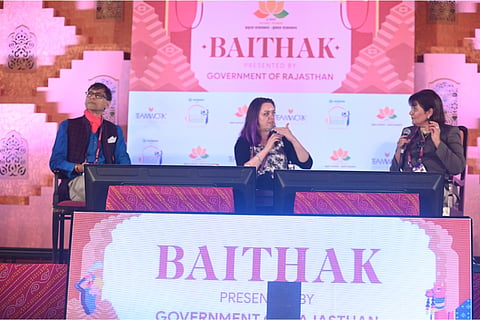 Scholar Makarand Paranjape, historian Alex von Tunzelmann,  and author-playwright Kishwar Desai at the session