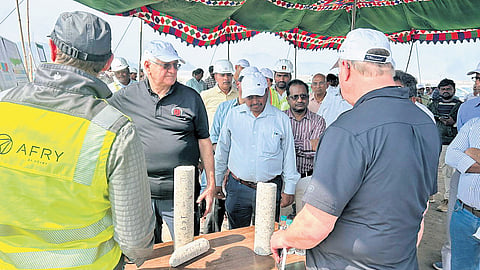 A team of foreign experts arrives at the Polavaram project site to review the progress of construction works on Monday.
