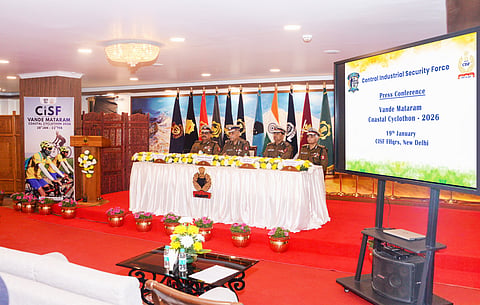 Ahead of the Vande Mataram CISF Coastal Cyclothon-2026, a press conference was held today at CISF HQrs, New Delhi, chaired by DG/CISF in the presence of senior CISF officers and media representatives.
