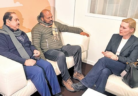 Minister P Rajeeve and Additional Chief Secretary (Industries) 
A P M Mohammed Hanish meeting  Malgorzata Mroczkowska-Horne, Director General of the Polish Confederation Lewiatan on the sidelines of the World Economic Forum annual meeting in Davos