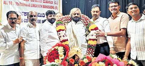 Minister Eshwar Khandre being felicitated after his election as the president 
of All-India Veerashaiva-Lingayat Mahasabha on Tuesday.