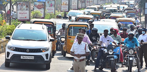 Due to the road safety rally, traffic was affected on several stretches, including EVR Road, Bharathidasan Road and Major Saravanan Road 