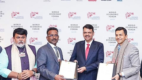 Maharashtra CM Devendra Fadnavis exchanges an MoU with Lodha Developers in Davos, Switzerland, on Tuesday, Jan 20, 2026.