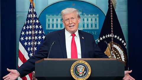 President Donald Trump speaks during a press briefing at the White House in Washington, Tuesday, Jan. 20, 2026.