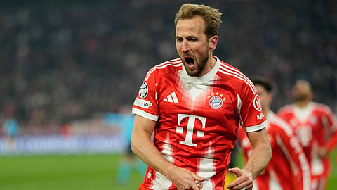 Bayern's Harry Kane celebrates after scoring the opening goal during the Champions League opening phase soccer match between Bayern Munich and Union Saint-Gilloise, in Munich, Germany, Wednesday, Jan. 21, 2026. 