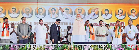 PM Narendra Modi with NDA alliance partners, including AIADMK chief  Edappadi K Palaniswami, at a poll rally at Maduranthakam on Friday.