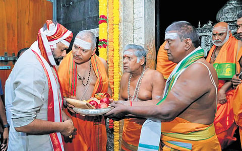 Deputy CM Pawan Kalyan offers prayers at Trikoteswara Swamy temple on Kotappakonda on Thursday 