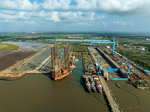 An aerial view of Swan Defence and Heavy Industries shipyard in Gujarat, India.