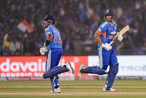India's Suryakumar Yadav and Shivam Dube run between the wickets during the second T20I cricket match between India and New Zealand, at Shaheed Veer Narayan Singh International Cricket Stadium, in Raipur, Chhattisgarh, Friday, Jan. 23, 2026.