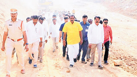  State Water resources Minister Dr Nimmala Rama Naidu inspected the progress of the prestigious PS Velugonda Reservoir Project tunnel lining, Feeder canal works at the Project site on Friday. 