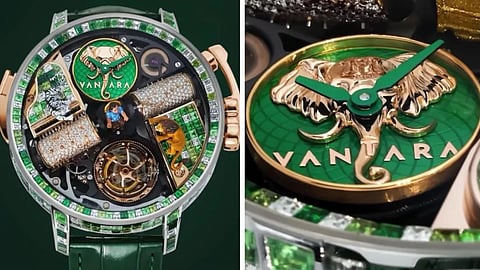 Crafted in white gold, the watch is adorned with hundreds of precious stones, including rare green gemstones and diamonds, all hand-set with meticulous attention to detail. 