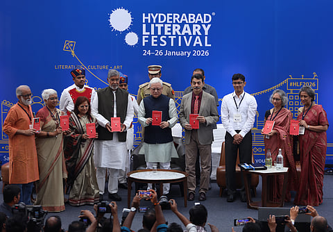 Governor Jishnu Dev Varma releases Karuna: The Power of Compassion a book written by Nobel Peace Laureate Kailash Satyarthi during the Hyderabad Literary Festival at Sattva Knowledge City in Hyderabad on January 24, 2026. 