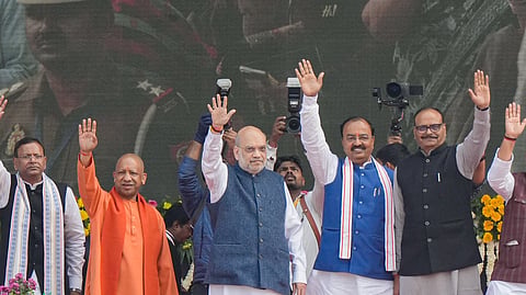 Union Home Minister Amit Shah, Uttar Pradesh Chief Minister Yogi Adityanath, Deputy CMs Keshav Prasad Maurya and Brajesh Pathak during the Uttar Pradesh Diwas at Rashtriya Prerna Sthal in Lucknow, Saturday, Jan. 24, 2026. 