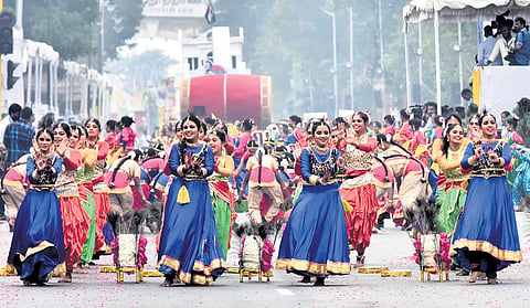 A cultural performance by students of the Kamarajar Government Girls Higher Secondary School, Ambattur, marking the 77th Republic Day fete held at the Labour Statue in Chennai on Monday 