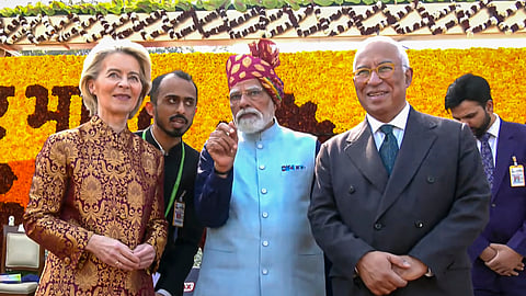 Prime Minister Narendra Modi, centre, with President of the European Commission Ursula von der Leyen, left, and President of the European Council Antonio Costa during the 77th Republic Day Parade at Kartavya Path in New Delhi, Jan. 26, 2026.