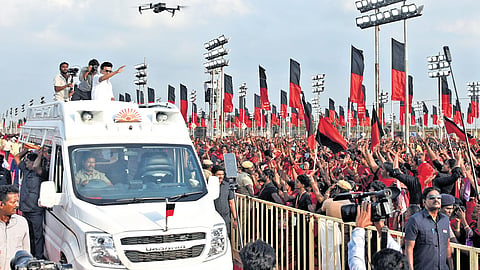 CM M K Stalin received a rousing welcome from DMK’s women cadre at the ‘Vellum Tamil Pengal’ conference held in Thanjavur on Monday 
