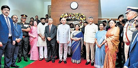 Governor S Abdul Nazeer, CM Nara Chandrababu Naidu, Deputy CM Pawan Kalyan, DGP Harish Kumar Gupta, High Court Chief Justice Dhiraj Singh Thakur and others attend the ‘At Home’ at Lok Bhavan in Vijayawada on Monday 