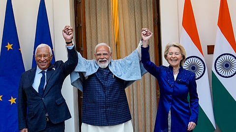 Prime Minister Narendra Modi with European Council President Antonio Costa, left, and European Commission President Ursula von der Leyen, right, during their meeting at the Hyderabad House, in New Delhi, Tuesday, Jan. 27, 2026. 