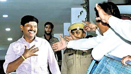 Former BRS MP Joginipally Santosh Kumar leaves the Jubilee Hills police station after appearing before the SIT in Hyderabad on Tuesday.