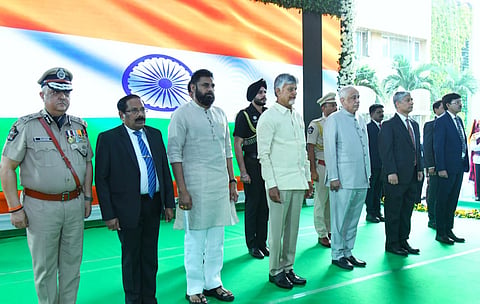 CM Nara Chandrababu Naidu, governor S Abdul Nazeer, deputy CM Pawan Kalyan, DGP Harish Kumar Gupta, CS K Vijayanand and HC CJ Justice Dhiraj Singh Thakur during At Home reception on the occasion of Republic Day at Lok Bhavan in Vijayawada on Monday.