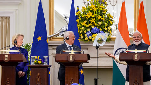 Prime Minister Narendra Modi with European Council President Antonio Costa, right, and European Commission President Ursula von der Leyen, left, during a joint press statement after their meeting at the Hyderabad House, in New Delhi, Tuesday, Jan. 27, 2026. 