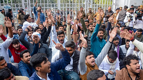 Lucknow: Students stage a protest against the new University Grants Commission (UGC) regulations, near University of Lucknow, Tuesday, Jan. 27, 2026. 