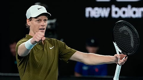 Jannik Sinner of Italy reacts after defeating Ben Shelton of the U.S. in their quarterfinal match at the Australian Open tennis championship in Melbourne. 