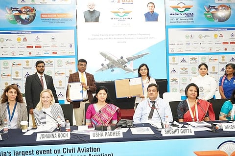 Principal secretary of Commerce and Transport Usha Padhee addressing  a round table session at Wings India-2026 in Hyderabad on Wednesday.