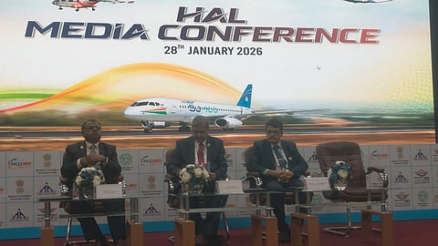 Hindustan Aeronautics Limited (HAL) Chairman and Managing Director, DK Sunil, interacts with the media at Wings India 2026 at Begumpet. 