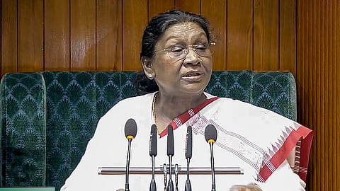  President Droupadi Murmu addresses the joint sitting of both Houses of Parliament on the first day of the Budget session, in New Delhi, Wednesday, Jan. 28, 2026.