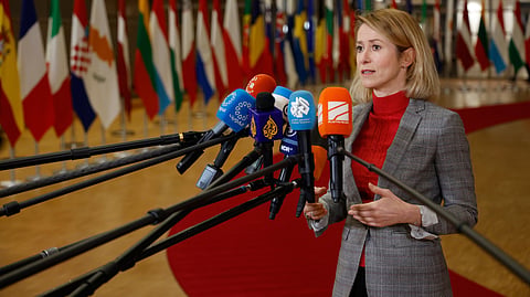 European Union foreign policy chief Kaja Kallas speaks with the media as she arrives for a meeting of EU foreign ministers at the European Council building in Brussels, Thursday, Jan. 29, 2026. 
