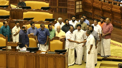 Chief Minister Pinarayi Vijayan and Finance Minister KN Balagopal before the commencement of  Budget speech in Assembly hall on Thursday