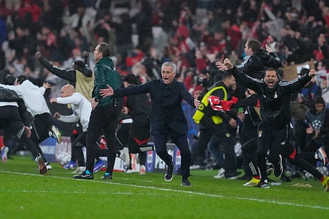 Benfica's head coach Jose Mourinho celebrates at the end of a Champions League opening phase soccer match between Benfica and Real Madrid, in Lisbon, Wednesday, Jan. 28, 2026. 