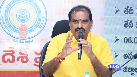 Water resources minister Nimmala Ramanaidu addressing the media on Wednesday. 