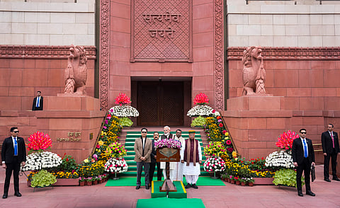 Prime Minister Narendra Modi addresses the media during the Budget session of Parliament, in New Delhi, Thursday, Jan. 29, 2026. Union Minister for Parliamentary Affairs Kiren Rijiju and Ministers of State Jitendra Singh, Arjun Ram Meghwal and L. Murugan are also seen. 