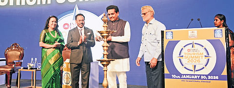 Delhi Tourism Minister Kapil Mishra lighting the lamp at the summit in Chennai on Friday. Director General for Tourism Suman Billa, TNIE Editorial Director Prabhu Chawla and CEO Lakshmi Menon are also seen 