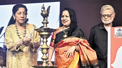 Chief guest Mallika Srinivasan, CMD of TAFE, inaugurating the 37th Devi Awards, as TNIE CEO Lakshmi Menon & Editorial Director Prabhu Chawla look on 