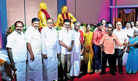 Chief Minister M K Stalin along with Ministers K R Periakaruppan, Thangam Thennarasu, K K S S R Ramachandran, M P Saminathan, Congress senior leader P Chidambaram, CPM state secretary P Shanmugam and CPI state secretary R Mutharasan 