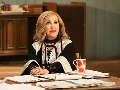 This image shows Catherine O'Hara in a scene from "Schitt's Creek." 