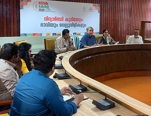Kerala state planning board vice chairperson VK Ramachandran moderating the session titled 'Student Migration: The Future and Challenges' at the fifth edition of the Loka Kerala Sabha in Thiruvanathapuram on Friday. 