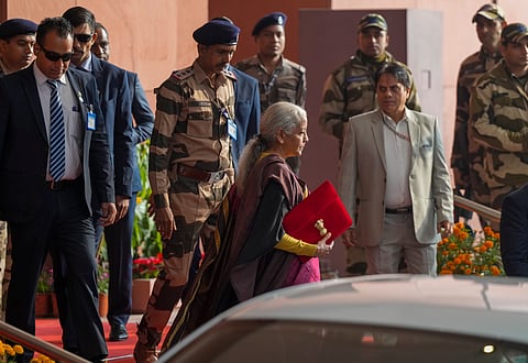 Union Minister Nirmala Sitharaman arrives at the Parliament complex ahead of presenting the Budget for 2026-27 on Feb 1, 2025. 