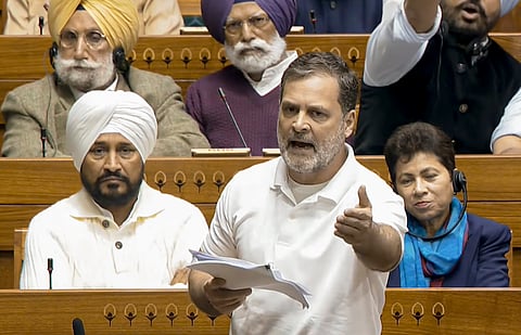Leader of Opposition in the Lok Sabha Rahul Gandhi speaks in the House during the Budget session of Parliament, in New Delhi, Monday, Feb. 2, 2026. 
