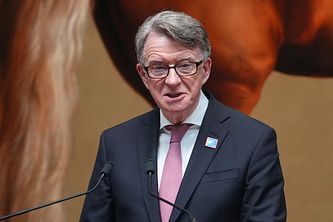 British Ambassador to the United States, Peter Mandelson speaks during the rededication ceremony of the George Washington Statue in the National Gallery in London, Wednesday, June 18, 2025. 