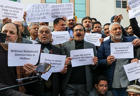 Jammu: Members of the Legislative Assembly raise slogans as they stage a protest over statehood during the Budget session of the Jammu and Kashmir Assembly, Tuesday, Feb. 3, 2026. 
