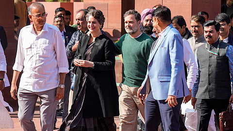 Leader of Opposition in the Lok Sabha Rahul Gandhi, Congress MP Priyanka Gandhi Vadra and others during the Budget Session of Parliament, in New Delhi, Thursday, Feb. 5, 2026. 