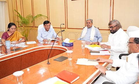 CM Siddaramaiah during the 2026-27 budget pre-meeting at Shakti Bhavan, first holding a meeting with the Forest and Environment Department. Minister Eshwar Khandre is also present