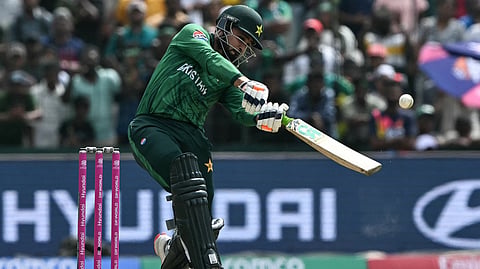 Pakistan's Faheem Ashraf plays a shot during the 2026 ICC Men's T20 Cricket World Cup group stage match between Pakistan and Netherlands at the Sinhalese Sports Club (SSC) Ground in Colombo on February 7, 2026. 