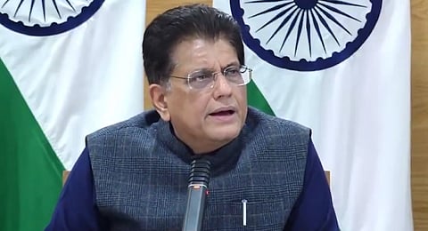 Commerce and Industry Minister Piyush Goyal addresses a press conference on the India-US trade framework in New Delhi on Saturday, Feb. 7, 2026.