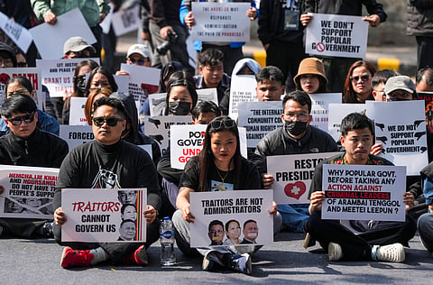 Members of the Kuki Students Organisation Delhi & NCR stage a protest at Jantar Mantar demanding justice, rehabilitation and accountability for victims of ethnic violence in Manipur and that Kuki-Zo MLAs be involved in government formation only thereafter, in New Delhi.